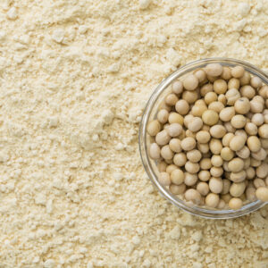 Soy beans in a glass bowl on top of soy protein powder.